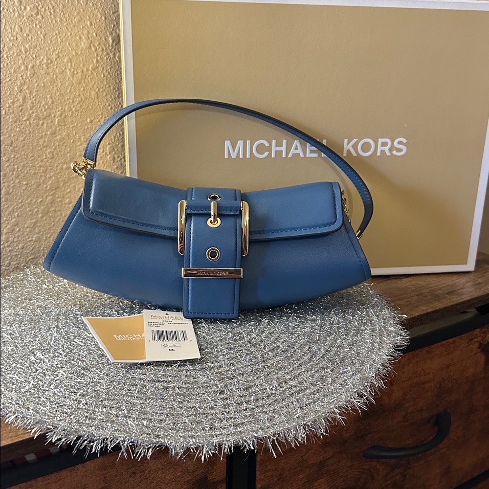 Michael Kors Colby Blue Leather Clutch with Gold Buckle